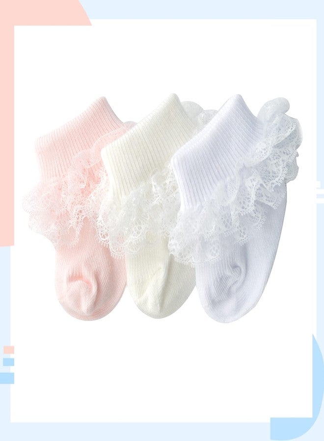 hakugoo Baby Girl Lace Ruffle Socks - 3 Pairs Turn Cuff Ankle Dress Socks for Infant (White Pink Cream, 0-3 Months) - Image 5